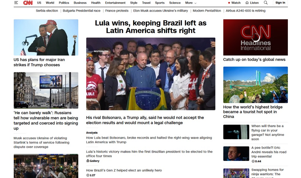 Reeleição do presidente Lula destacada na página inicial da TV CNN Internacional, dos Estados Unidos, em 26 de outubro de 2026. — Foto: Reprodução/CNN Internacional