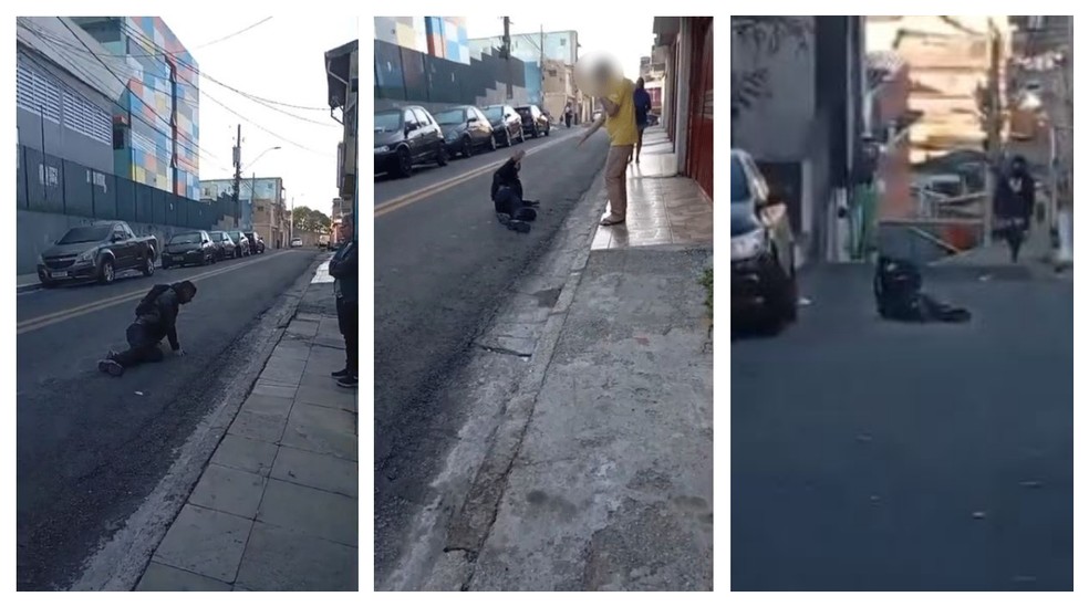 Testemunhas filmaram ladrão se arrastando e pedindo 'perdão' a dono de mercado roubado que atirou nele em Barueri — Foto: Reprodução/Redes sociais