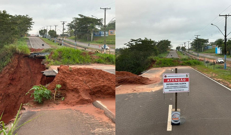Chuva forte aumenta cratera de 20 metros em principal acesso de Osvaldo Cruz — Foto: Emerson Sanchez/TV TEM
