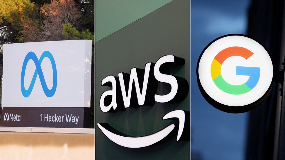 Meta, Amazon Web Services e Google — Foto: Reuters/Pete DaSilva; Reuters/Danielle Villasana; Reuters/Andrew Kelly
