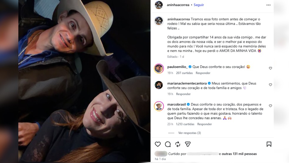 Esposa de peão morto em rodeio compartilha última foto do casal antes do acidente em Votuporanga (SP) — Foto: Reprodução/Instagram