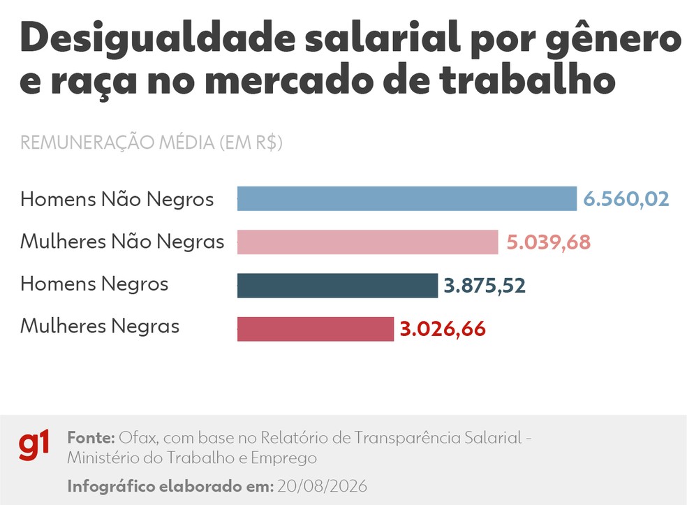 Desigualdade salarial por gênero e raça no mercado de trabalho formal — Foto: Arte g1