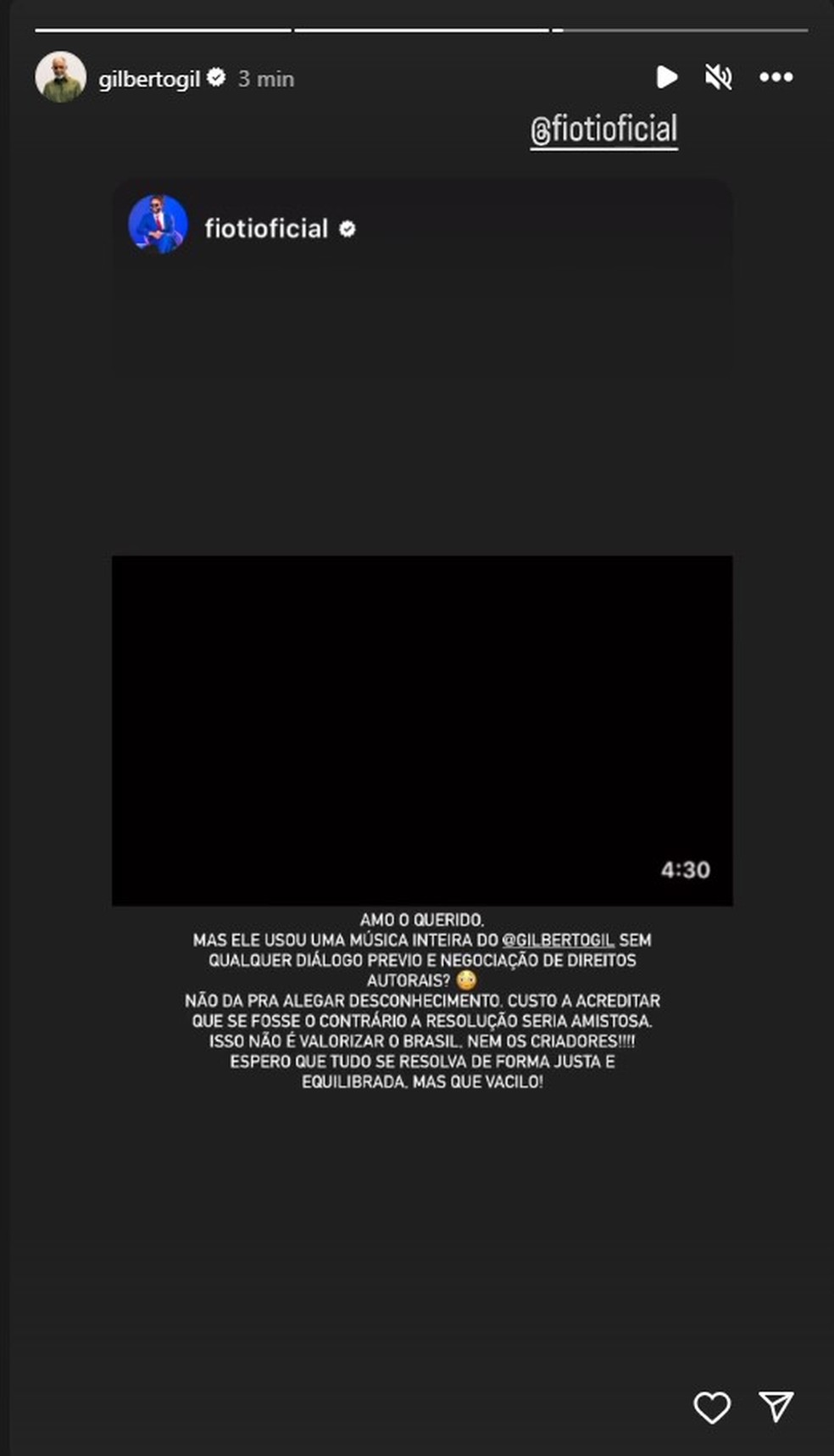 Gilberto Gil compartilha post de Evandro Fióti sobre uso de música sem autorização por Tyler, The Creator — Foto: Reprodução/Instagram