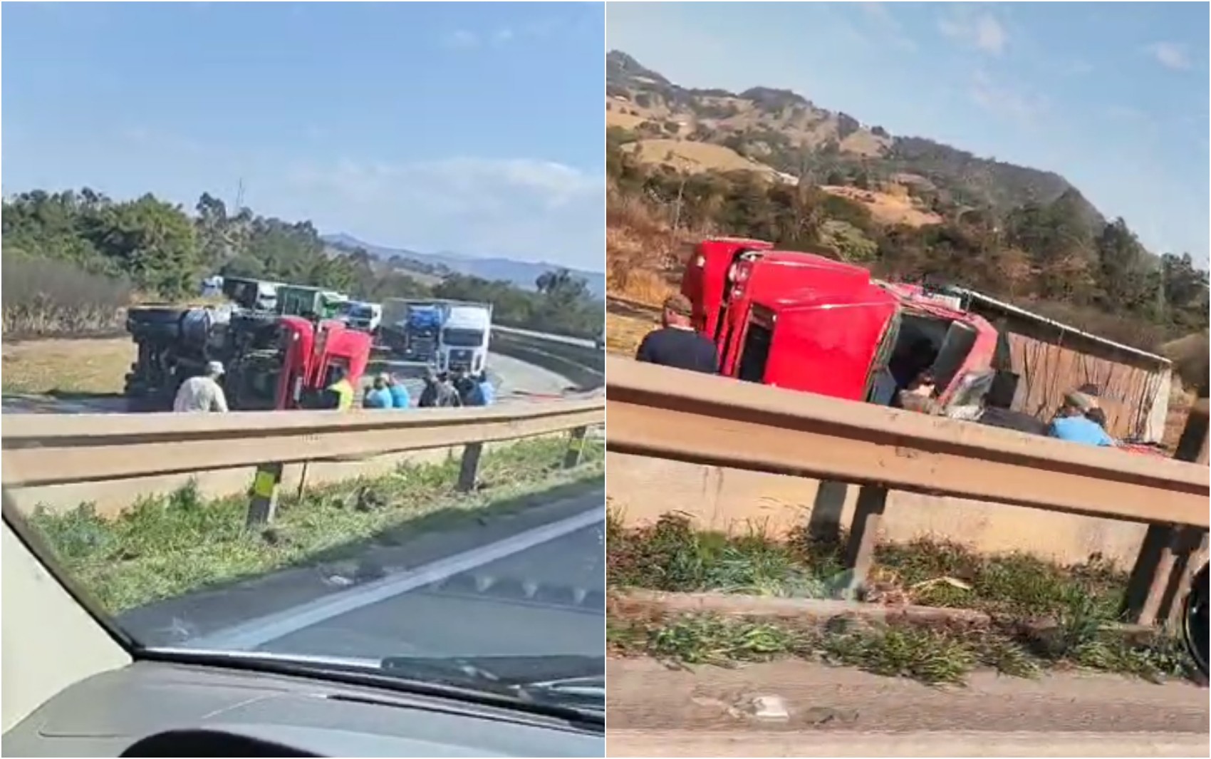 Caminhão tomba e provoca congestionamento na Rodovia Fernão Dias, em Camanducaia, MG