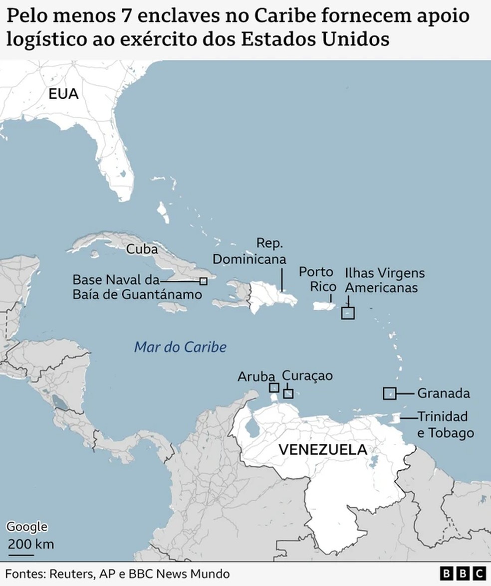 Pelo menos 7 ilhas do Caribe estão fornecendo apoio logístico aos EUA — Foto: BBC