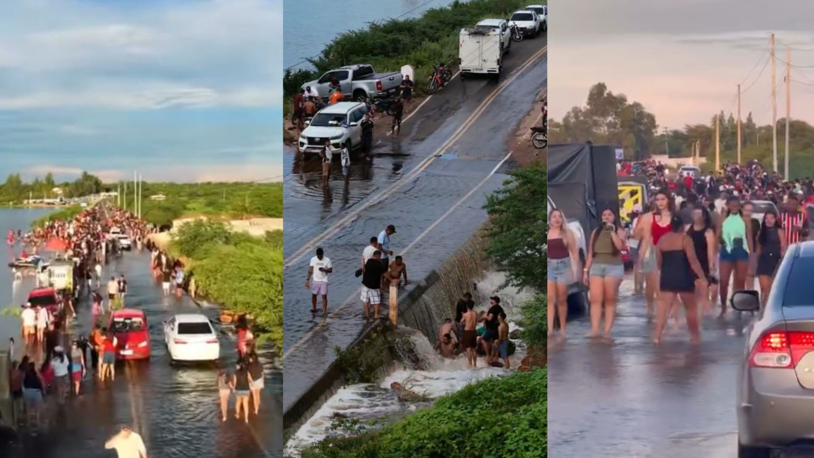 Vídeo: Barragem transborda, alaga rodovia e vira local de festa com carro de som no interior do PI