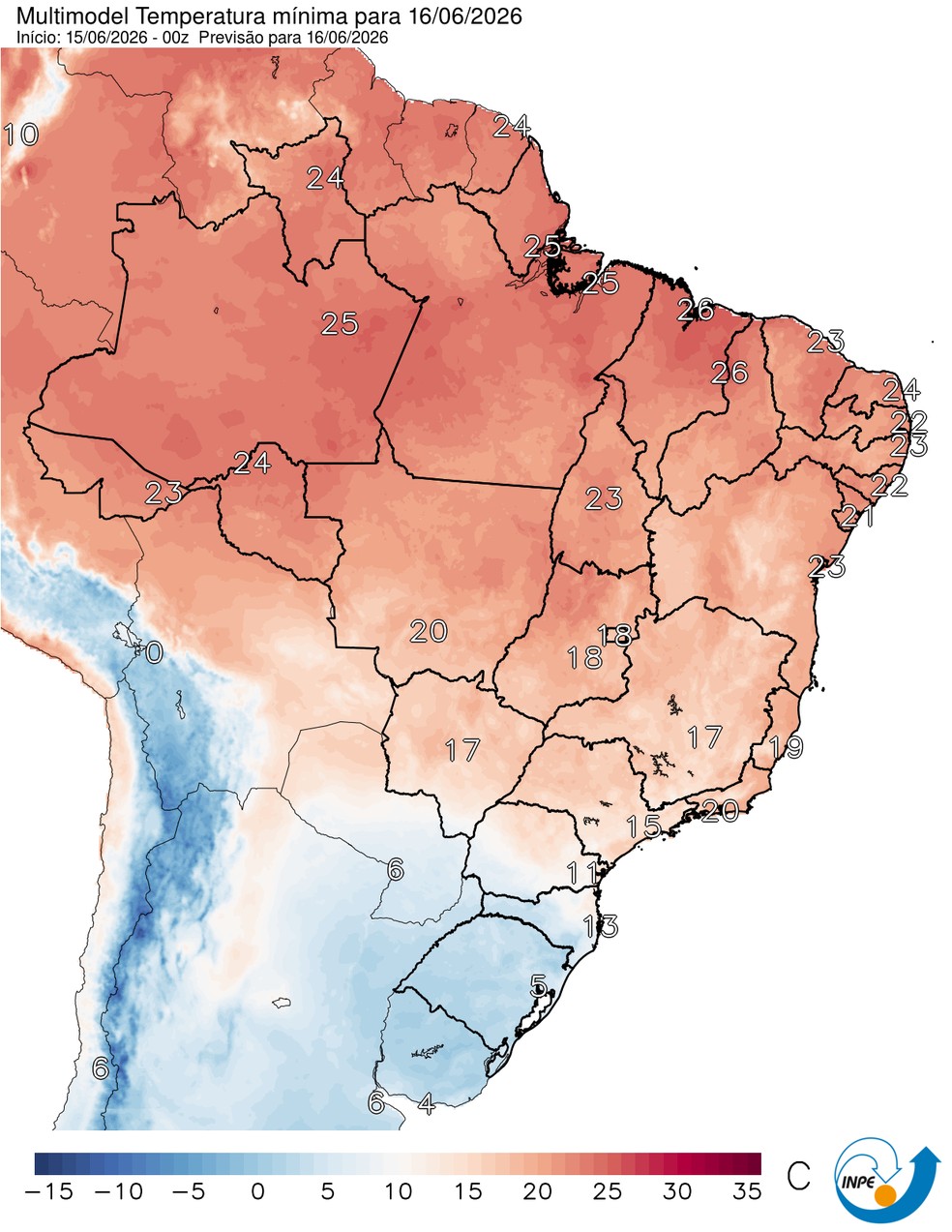 Previsão de temperatura mínima nesta terça (16) em todo o Brasil. — Foto: CPTEC/Inpe