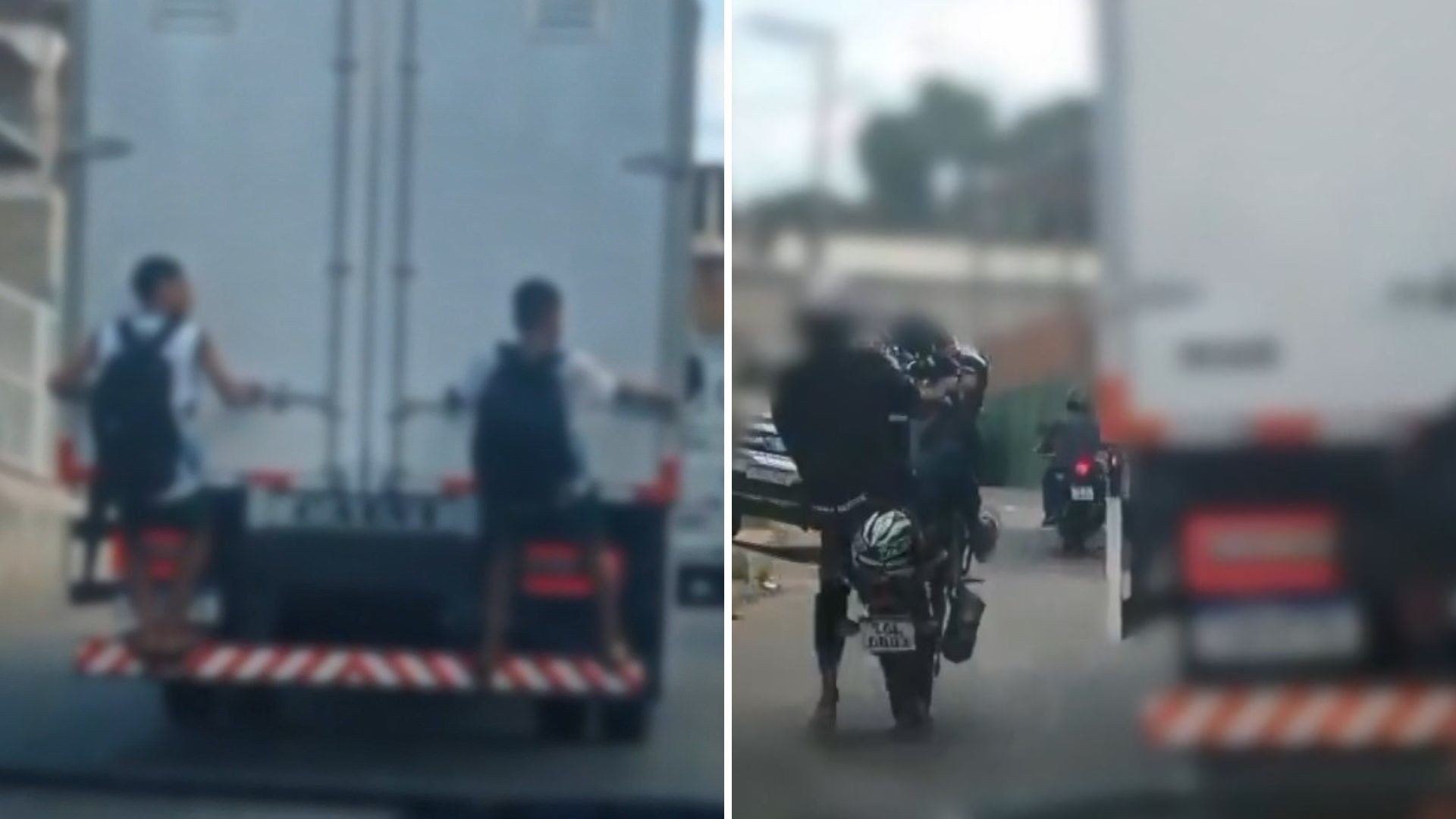Vídeo flagra estudantes pegando carona na traseira de caminhão enquanto motociclista 'dá grau' na contramão no ES
