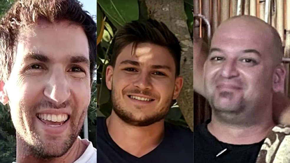 Sagui Dekel Chen, Sasha Truvanov e Iair Horn (da esquerda para direita), reféns israelenses que serão soltos pelo Hamas em 15 de fevereiro de 2025. — Foto: Movimento 'Bring Them Home Now' via Reuters