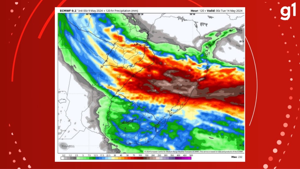 Mapa mostra projeção de chuva no RS — Foto: Reprodução/Governo do RS