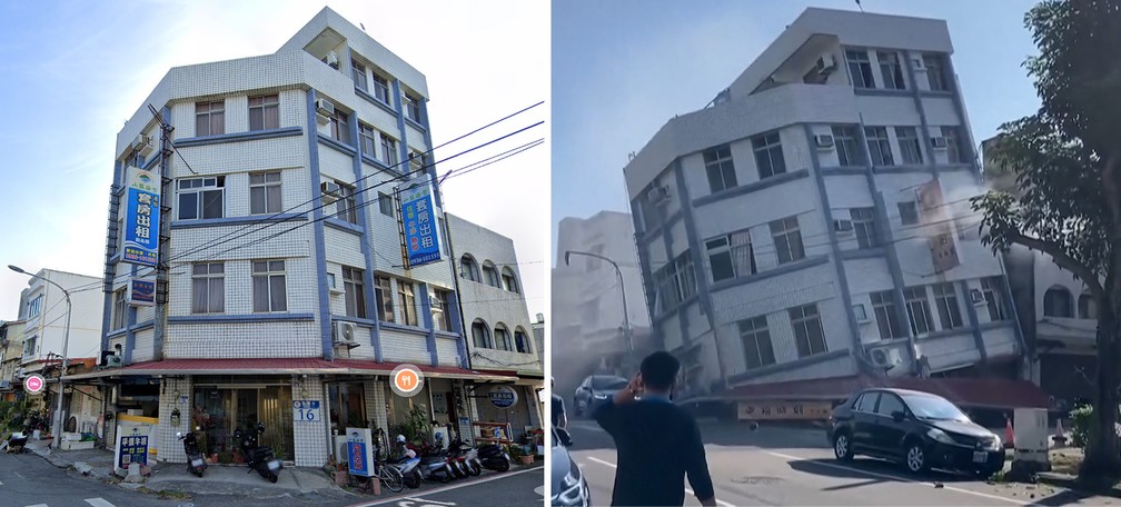 Antes e depois mostra prédio na Rua Beibin, em Hualien, Taiwan, que foi tombado por terremoto — Foto: Reprodução/Google Street View; TVBS via AP