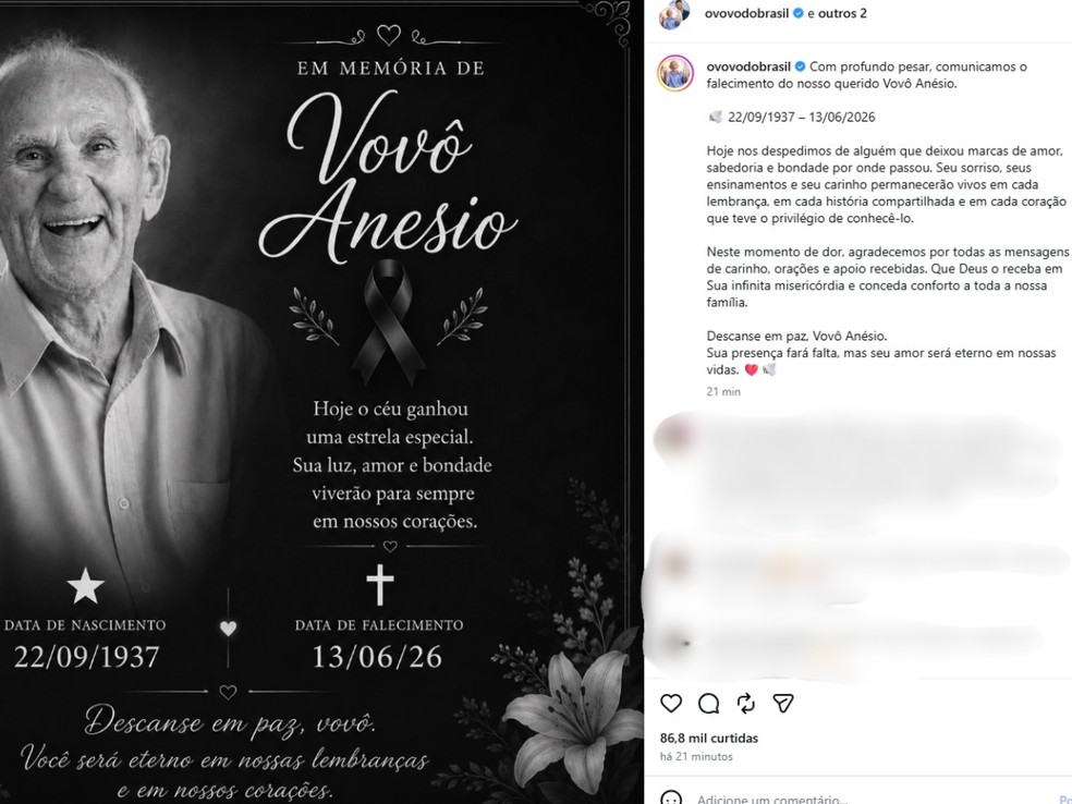 Vovô Anésio morre aos 88 anos no interior de SP — Foto: Redes Sociais