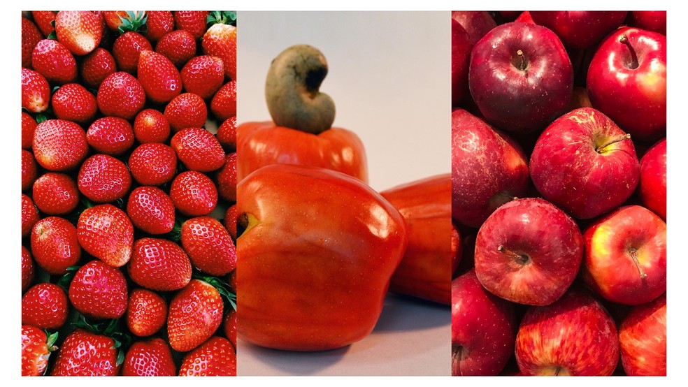 Morango, caju e maçã são falsos frutos. — Foto: Inha Pauliochenka - Unsplash/ Ana Elisa Sidrim - Embrapa/ Matheus Cenali - Unsplash