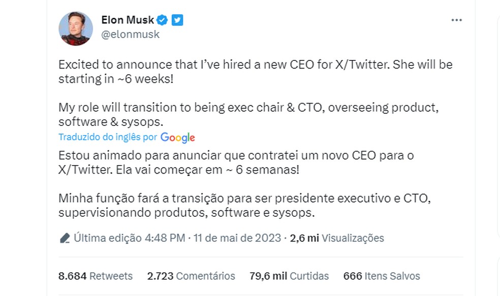 Elon Musk anuncia nova CEO para o X/Twitter — Foto: Twitter/Reprodução
