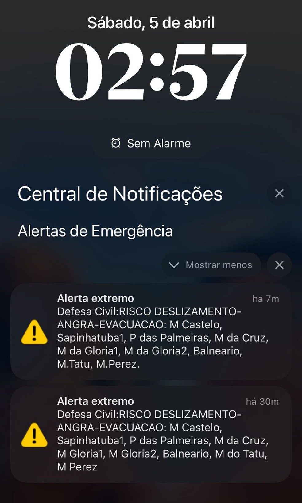 Alerta da Defesa Civil enviado de madrugada para os moradores de Angra dos Reis — Foto: Reprodução