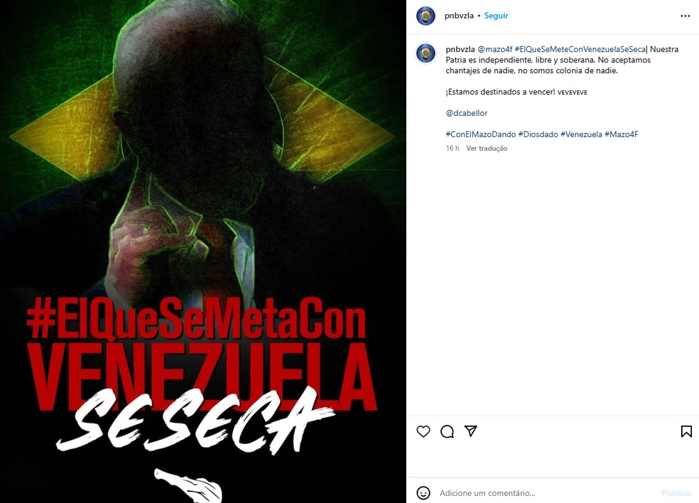 Polícia Nacional da Venezuela publicou foto com provocação ao Brasil — Foto: Reprodução