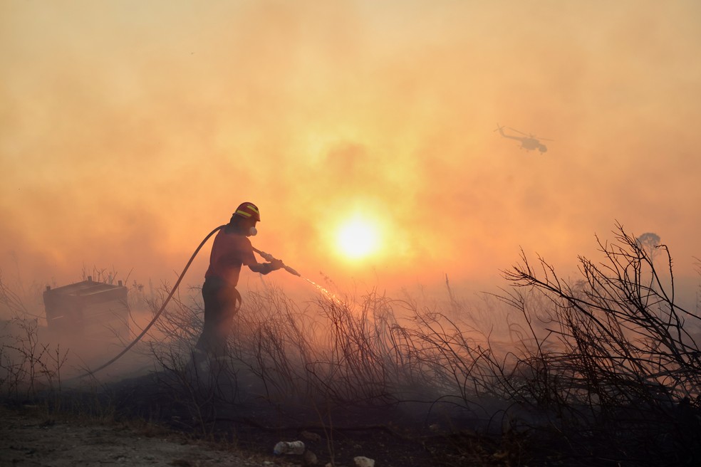 Bombeiro tenta apagar incêndio florestal em Kryoneri, na Grécia, neste sábado (26) — Foto: Yorgos Karahalis/AP