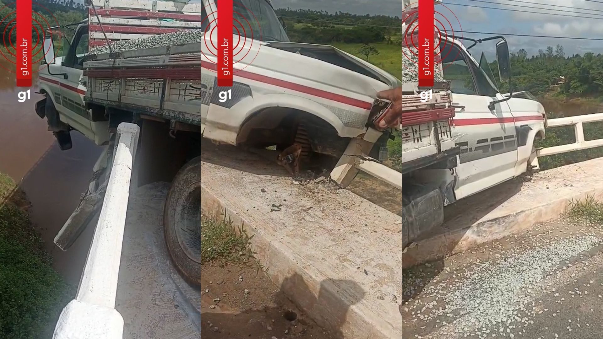 Caminhonete carregada com brita perde roda e fica pendurada em ponte no MA