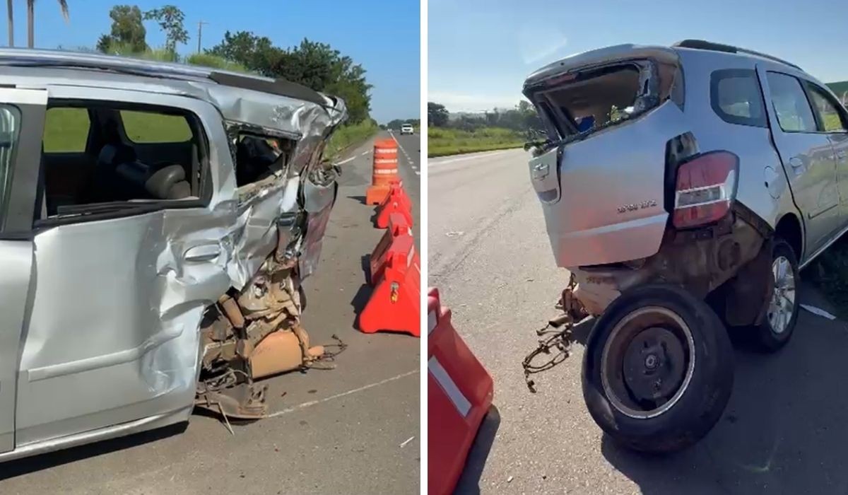 Carro tem traseira destruída após acidente com caminhão em Limeira