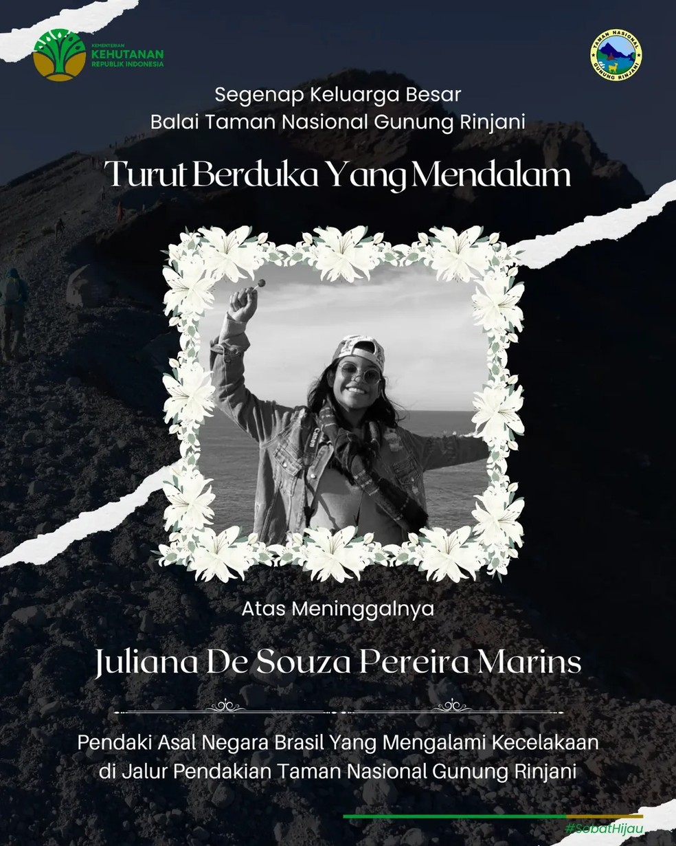 Parque Nacional do Monte Rinjani, na Indonésia, presta condolências pela morte da jovem brasileira — Foto: Reprodução/ Instagram