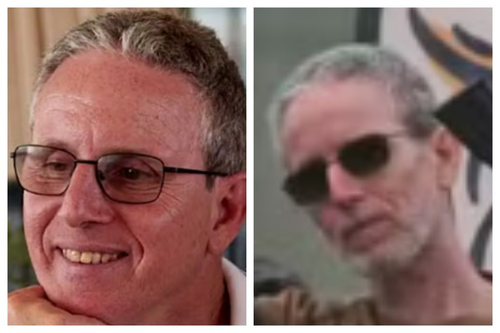O israelense Ohad Ben Ami, antes e depois de ser sequestrado pelo Hamas. — Foto: AP e Reuters