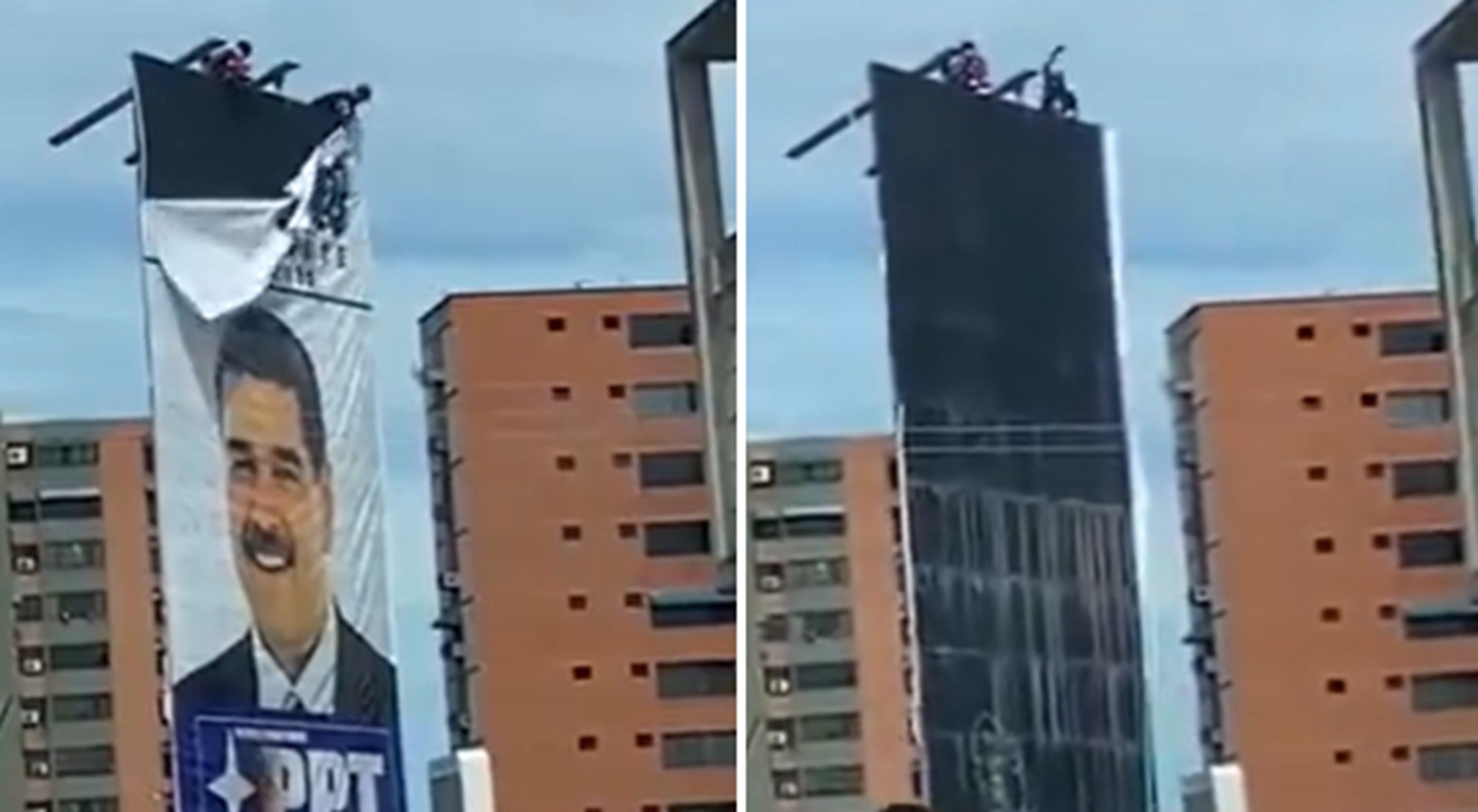 É #FAKE que vídeo de venezuelanos derrubando pôster gigante de Maduro mostre 'festa' após captura; cena ocorreu em 2024
