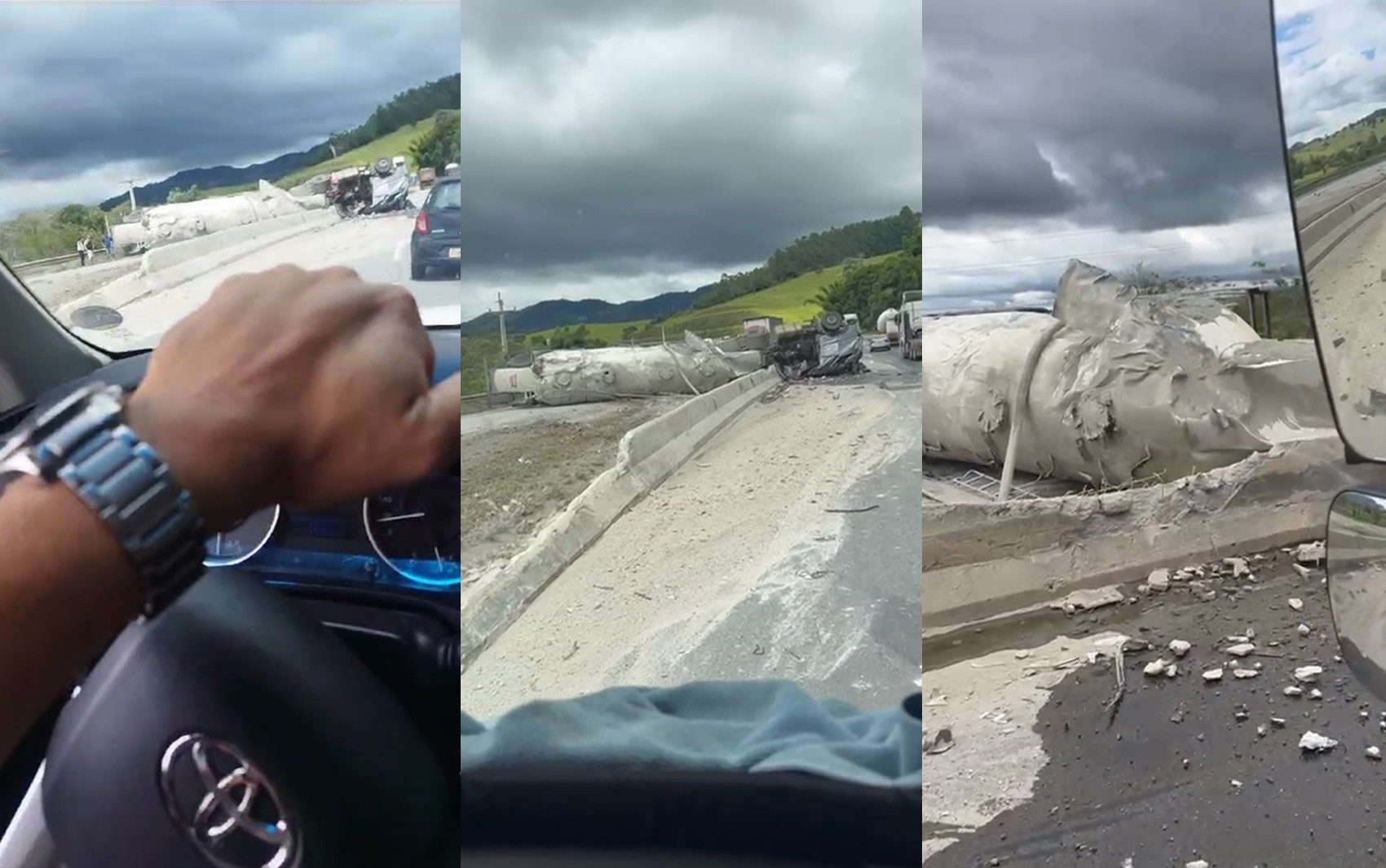 Carreta carregada com cerca de 40 toneladas de cimento tomba na Fernão Dias, em Cambuí, MG