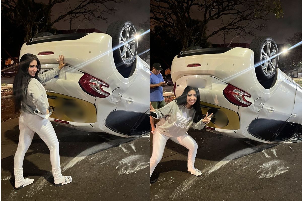 Jovem capota o carro em Maringá e depois posta foto ao lado do veículo nas redes sociais: 'Levei no entretenimento'