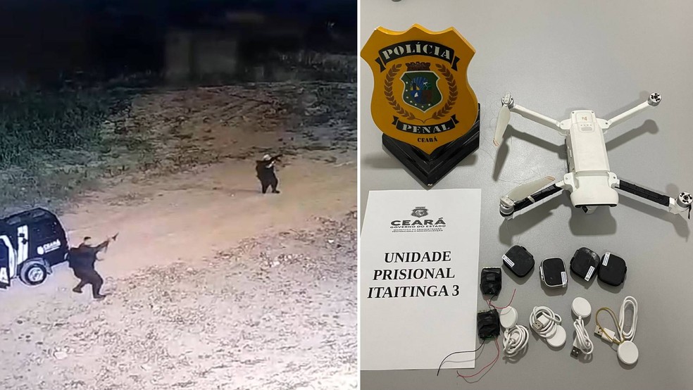 Policiais penais derrubaram drone a tiros em Itaitinga — Foto: Reprodução