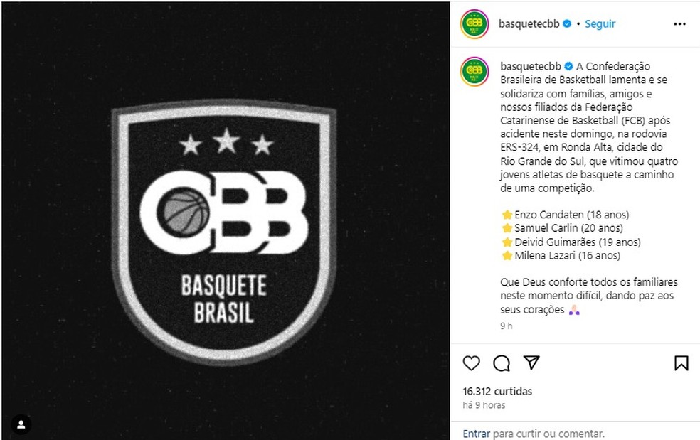 Naturais de Chapecó, atletas morreram a caminho de competição de basquete; entidades lamentam — Foto: Reprodução/Redes Sociais