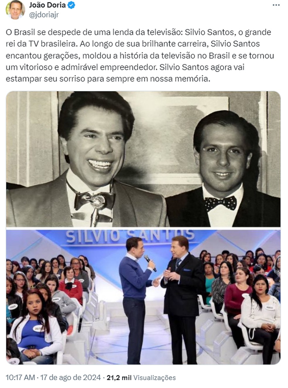 Post de João Doria no X lamenta morte de Silvio Santos — Foto: X/Reprodução