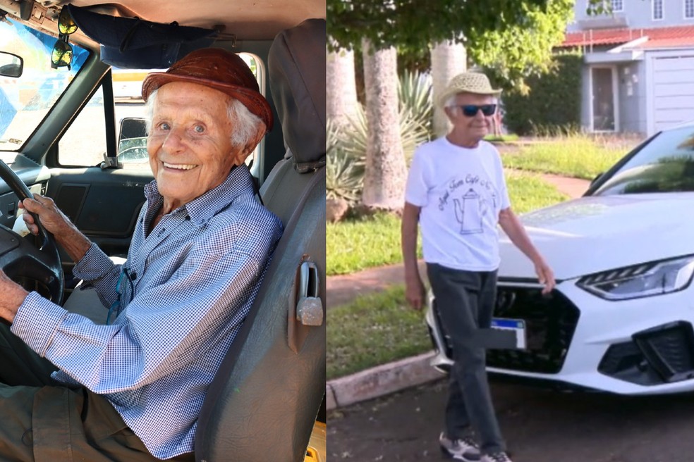 Aos 102 anos, aposentado é o mais antigo motorista de MS.  Foto: Rachid Waqued/Detran-MS e TV Morena/Reprodução