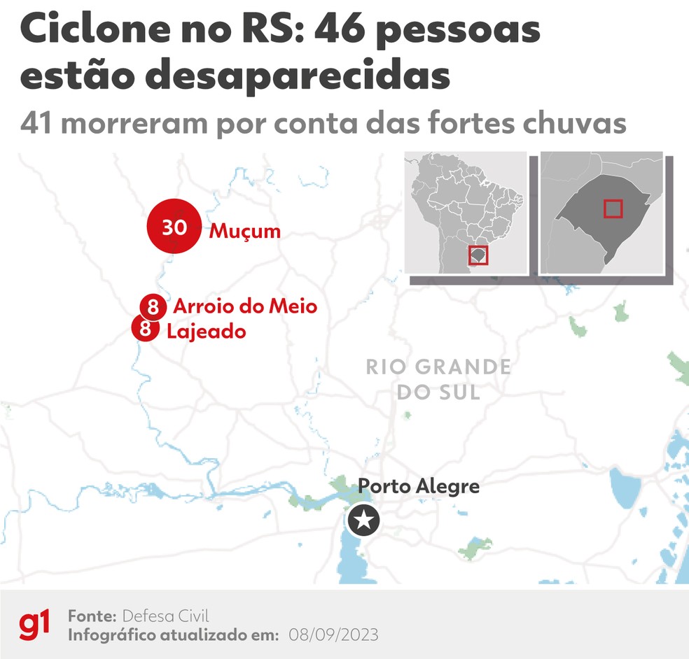 Chega a 46 desaparecidos após passagem do ciclone no RS — Foto: Arte g1