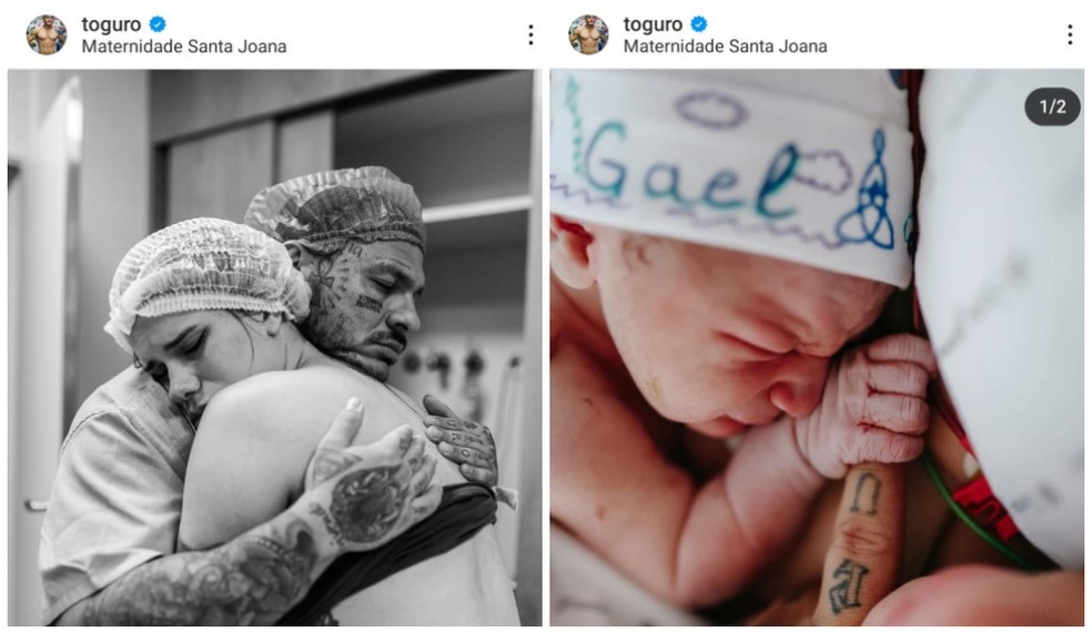 Montagem de fotos do influenciador Tiago Toguro e Nara Paraguaia durante o nascimento do filho Gael. — Foto: Reprodução/Instagram
