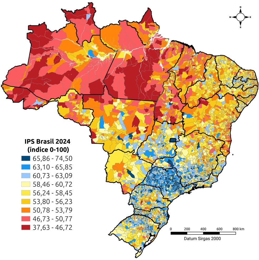 Mapa indicativo do IPS Brasil, que avalia a qualidade de vida da população no Brasil de forma multidimensional. — Foto: IPS Brasil