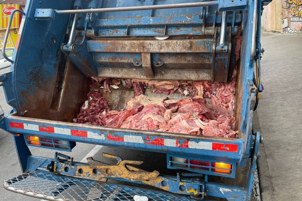 Aproximadamente 10 toneladas de carnes impróprias para consumo foram descartadas durante operação da Polícia Civil — Foto: Polícia Civil/Divulgação