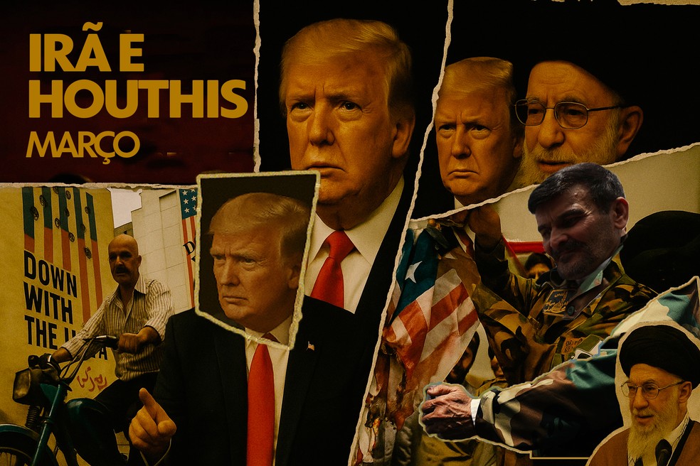 Como Trump tentou emparedar alvos em série, dominou o noticiário e chacoalhou o mundo: Irã e Houthis — Foto: Bruna Azevedo/Editoria de Arte