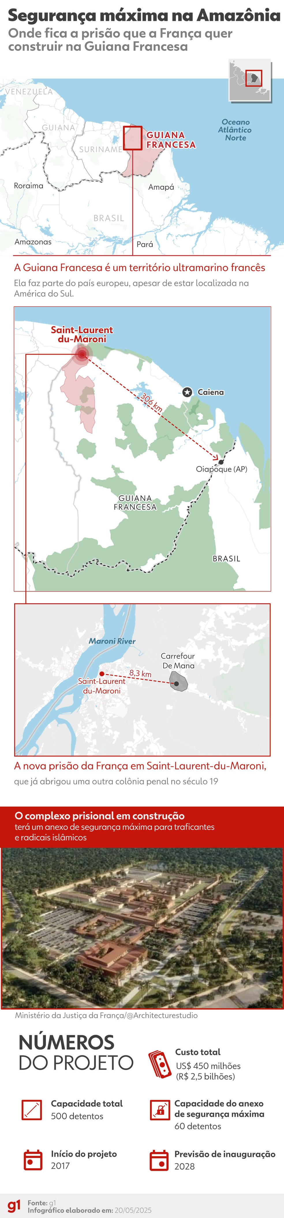 Localização da nova prisão da França na Guiana Francesa — Foto: Arte/g1