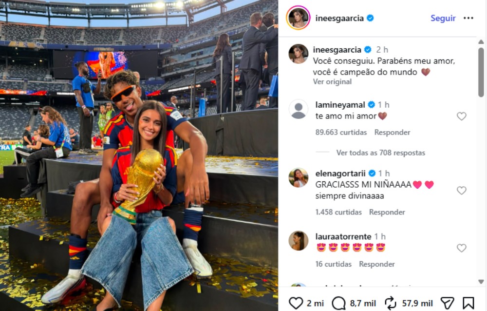 Inés García parabeniza Lamine Yamal após Espanha conquistar Copa do Mundo de 2026
