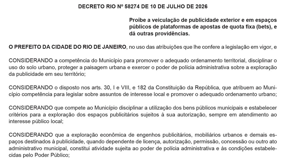 Prefeitura do Rio de Janeiro proíbe a veiculação de propagandas de plataformas de apostas em espaços públicos — Foto: Reprodução/ Diário Oficial do Município do Rio de Janeiro