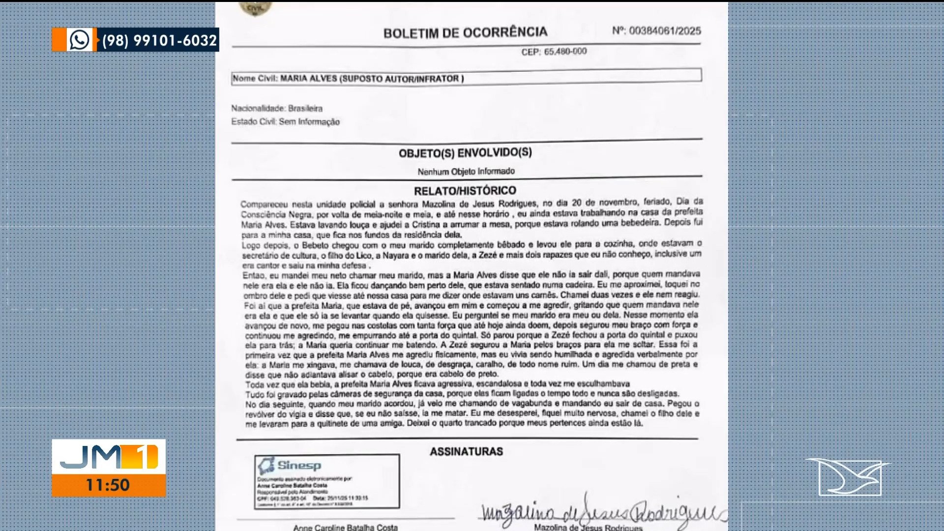 Funcionária doméstica denuncia prefeita de Arari por agressão física; polícia investiga o caso