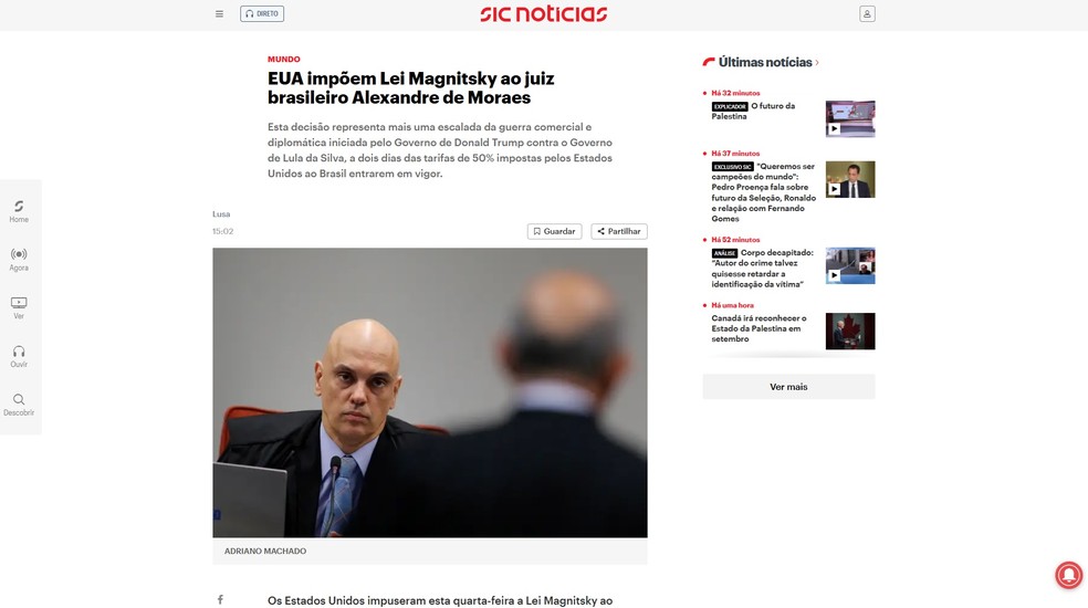 SIC Notícias noticia sanções dos EUA contra Moraes — Foto: Reprodução