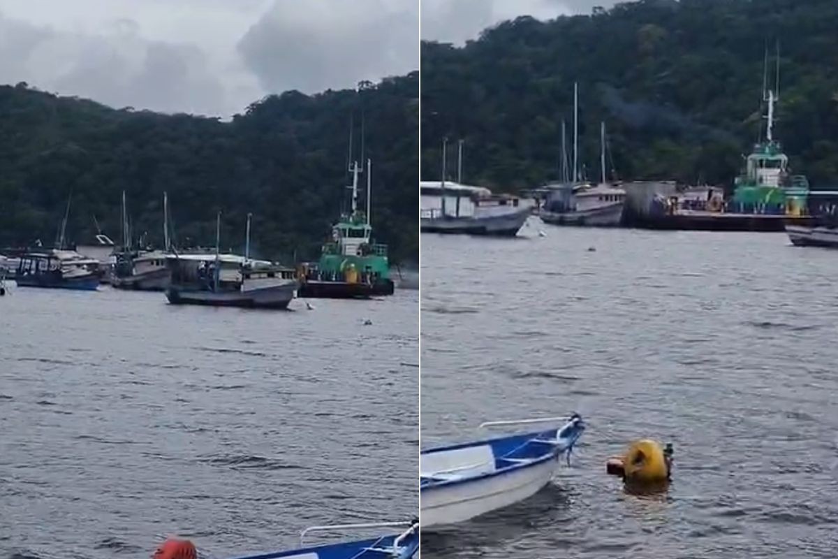 Barco é arrastado por balsa desgovernada após fortes ventos no litoral de SP; VÍDEO