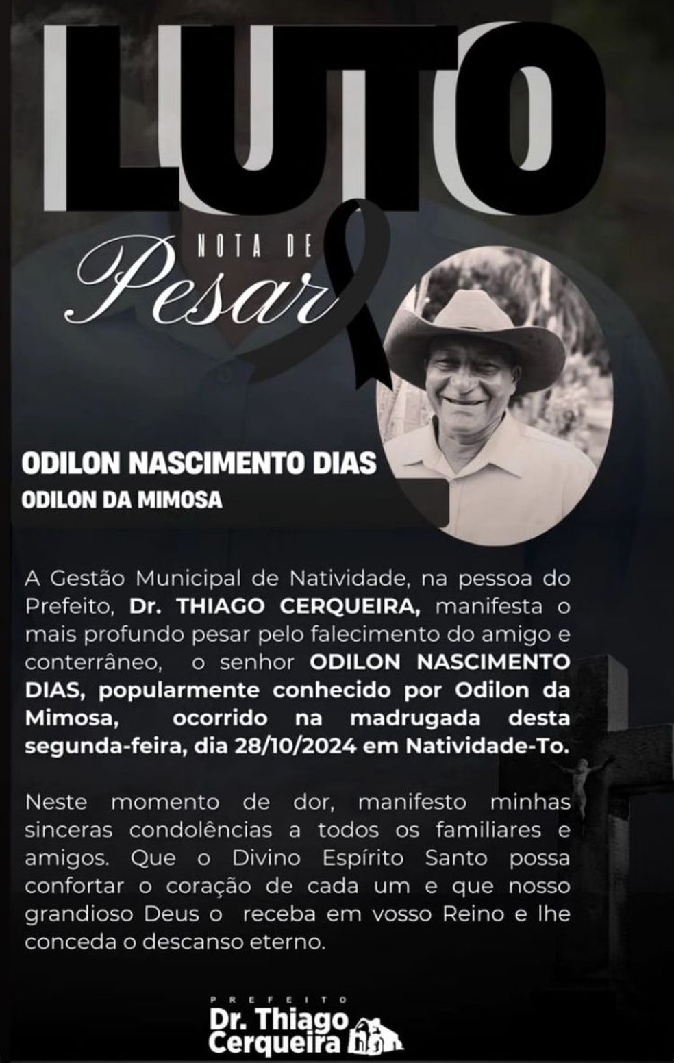 Nota de pesar lamentando a morte de Odilon Nascimento Dias  Foto: Divulgação/Prefeitura de Natividade