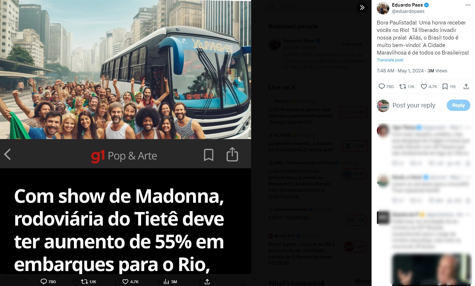 Paes usa IA para retratar paulistas vindo ao Rio para ver Madonna e rostos distorcidos rendem memes: 'Ficou um horror', diz prefeito