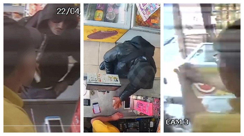 Câmera de mercado mostra momento em que ladrão armado rouba dinheiro e depois dono reage atirando — Foto: Reprodução/Redes sociais