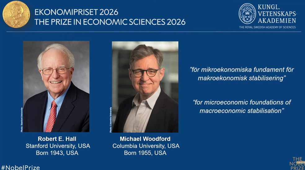 Nobel de Economia 2026 vai para Robert E. Hall e Michael Woodford — Foto: Reprodução/Nobel Prize