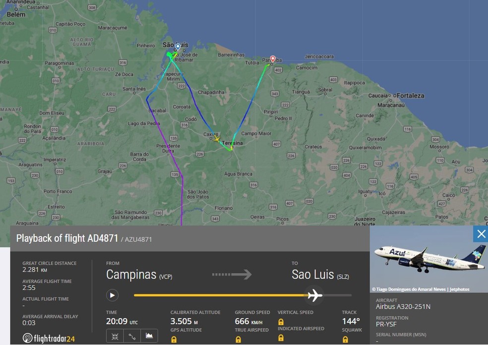 Trajeto do voo da Azul que declarou emergência por pouco combustível — Foto: FlightRadar24