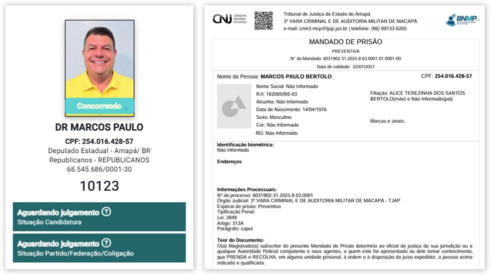 Marcos Paulo Bertolo aparece como “concorrendo” no DivulgaCand, do TSE, e em mandado de prisão preventiva, disponível no BNMP — Foto: Montagem/g1, Reprodução/TSE e CNJ