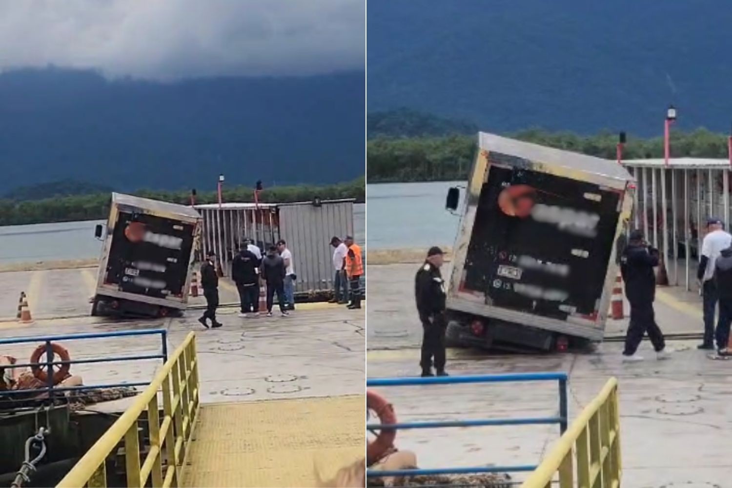 Caminhão fica 3h suspenso entre balsa e píer na travessia Guarujá-Bertioga; VÍDEO